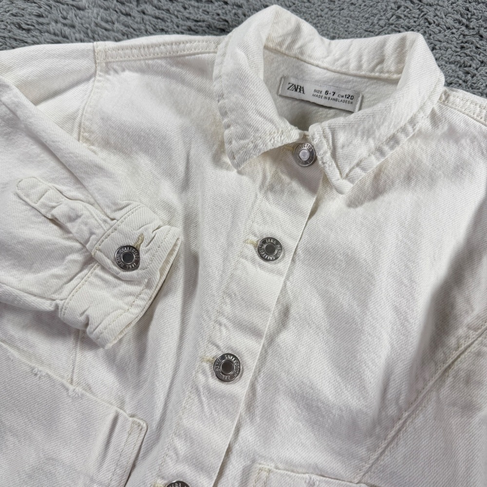 Zara Denim Shirt Jacket Kids 6-7 White Excellent Long Sleeve Button Up Pocket